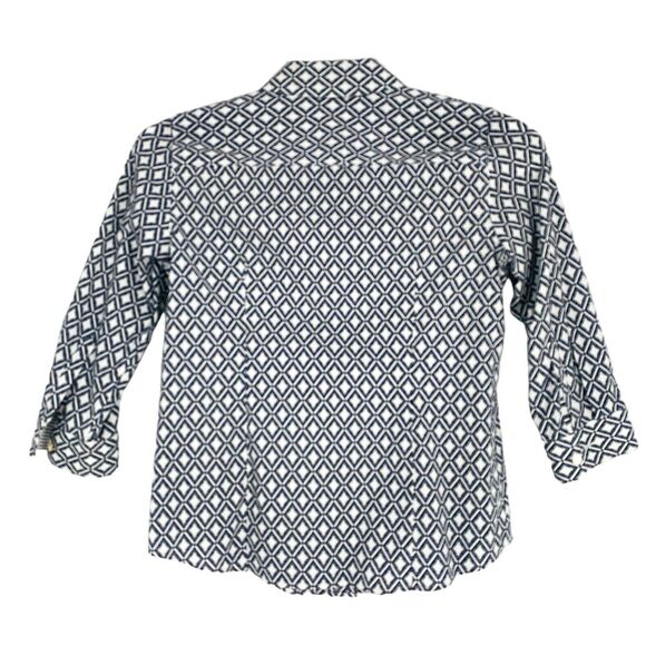 Talbots Button Down Shirt Blue White Geometric Cotton Petite 6 Wrinkle Resistant - Picture 9 of 9